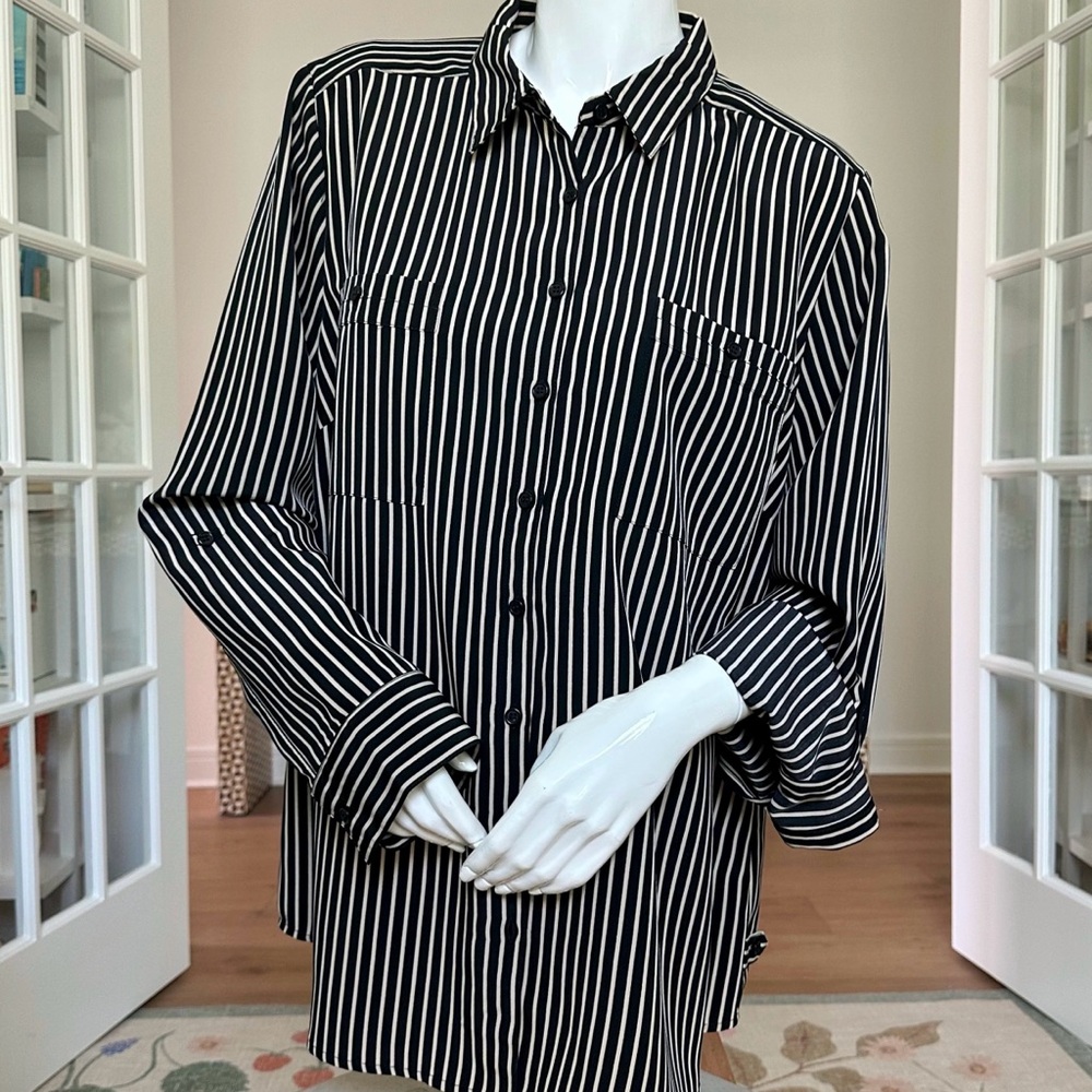 NEW black and tan striped button down blouse with roll up sleeves XL